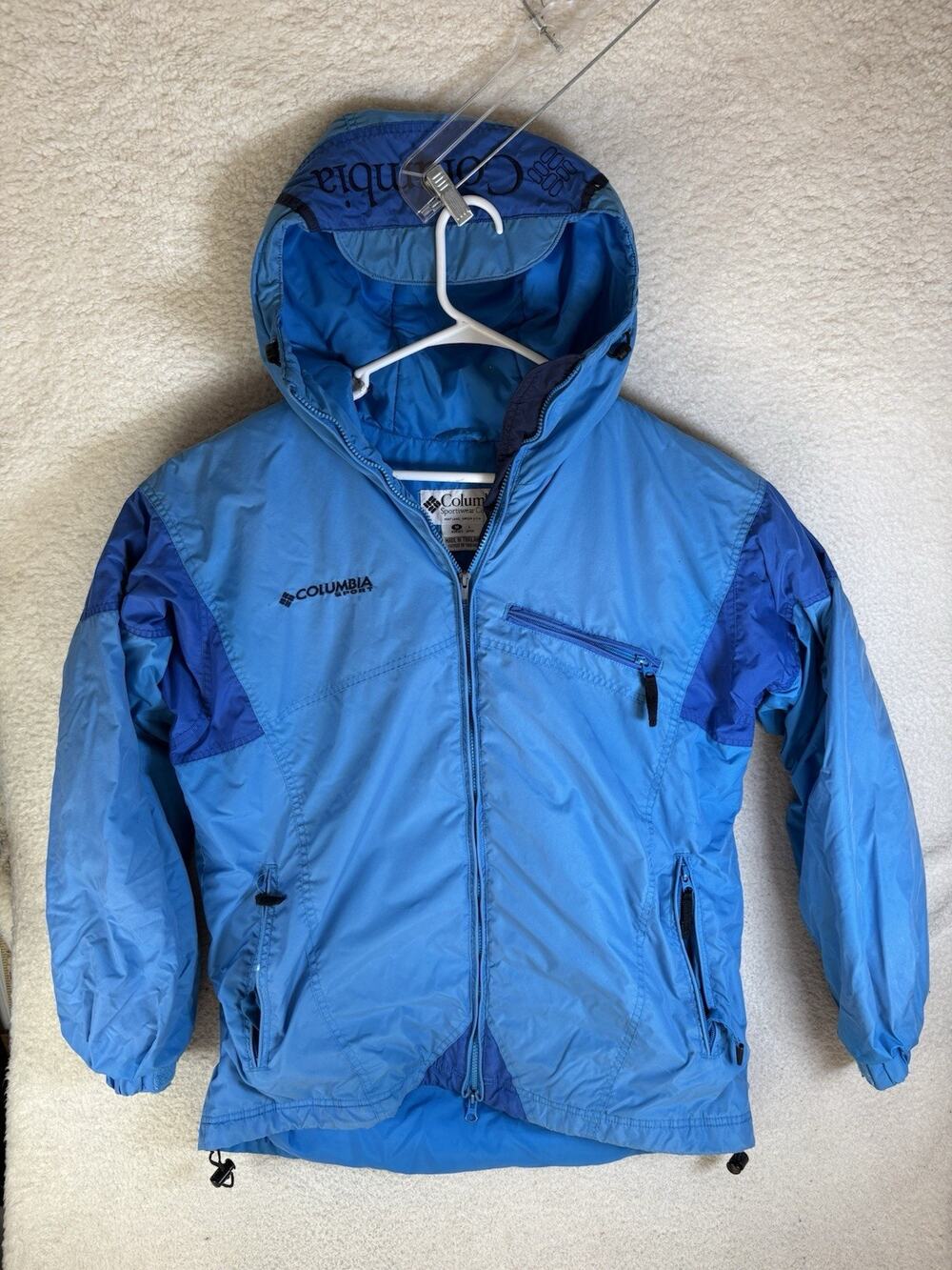 Vintage Columbia Sport Winter Jacket Womens Medium Blue Hood Spellout Logo Ski